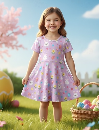  Pasqua ragazze' 3D Grafico Coniglio Fiore Abito Manica Corta Stampa 3D Estate Primavera Quotidiano Vacanza Feste Carino Essenziale Casual Bambini 4-12 Anni Vestito Casual Abito a trapezio Lunghezza