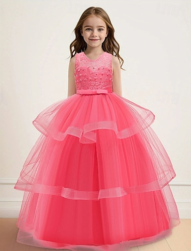  Abito da damigella d'onore bambina Ragazze Abito formale Abiti da sposa Feste Matrimonio Formale Adorabile Formale Principessa Traforato Rete Tinta unica Senza Maniche Girocollo Blu Rosa Dai 4 anni