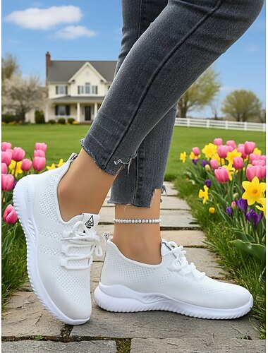  Women's White Lightweight Flyknit Walking Shoes – Breathable Lace-Up Comfort Sneakers for All-Day Wear, Travel, Fitness, Work & Casual Outings