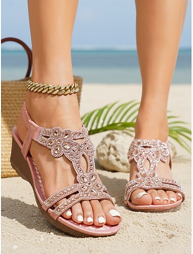  Dames sandalen met sleehak in hemelsblauw en kristallen bloemversiering – elegante sandalen met T-bandje en strasssteentjes voor strandvakanties en exotische resorts. &stijlvolle reizigers