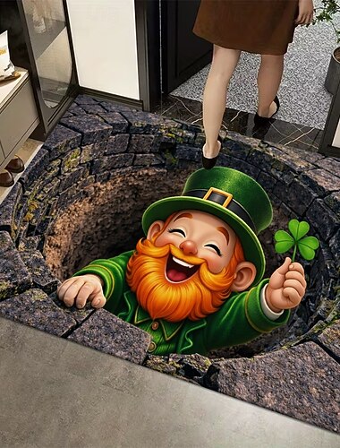  Χαλί εισόδου με τρισδιάστατη οπτική ψευδαίσθηση για την ημέρα του Αγίου Πατρικίου, 2d εκτύπωση, με τον χαρούμενο ξωτικό σε πέτρινο πηγάδι που κρατάει ένα τετράφυλλο τριφύλλι, ιδανικό για εορταστική διακόσμηση εισόδου στο σπίτι.