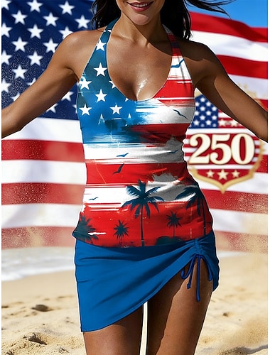  Independensdagen Amerikansk Jubilé Patriotisk Dam Badkläder Tankini Kjol Baddräkt Elegant Semester Grafisk Flagga Halterneck Ärm utan ärm Baddräkter