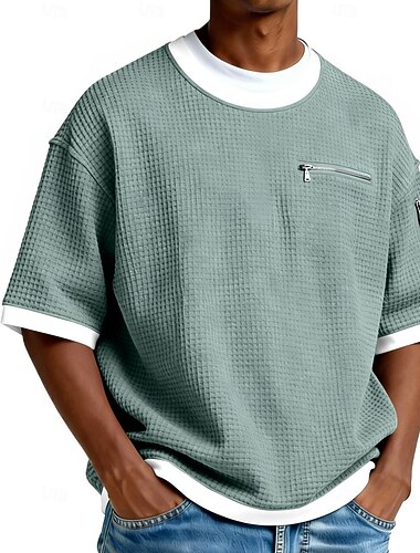  Herren Waffelstrick T-Shirt T-Shirt Kurzarm Rundhalsausschnitt Sommer Frühling Ganzjahres Farbblock Texture Mode Designer Lässig Reißverschlusstasche Lässig Täglich Outdoor Hellblau Schwarz Purpur