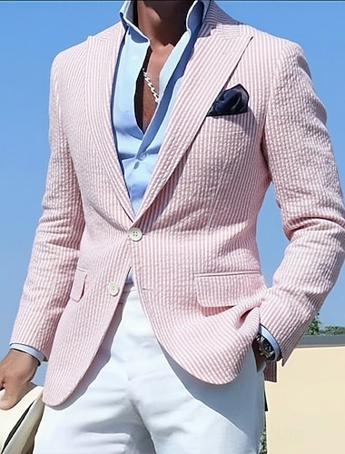  Homme Veste blazer Col de fermeture Mode Léger Occasionnel Rayé Blazer Blazer en seersucker Rose Claire Bleu Ciel Vert Sauge Coupe sur mesure à boutonnage simple à 2 boutons
