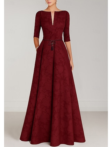  Corte A Hasta el Suelo Vestido Invitada Boda Vestido formal Vestido de la Llamarada Vestido de Madrina Media Manga Escote en Pico Elegante Vintage Boda Formal con Lazo(s) Con cintas