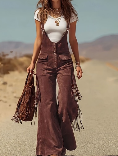  Dames Cargohosen Breed Been Bib-panty's overalls Modieus Streetwear Casual Volledige lengte Hoge taille Effen Kwastje Zak Comfortabel Inelastisch Buiten Vakantie Straat Zwart Rood Bruin Groen Lente