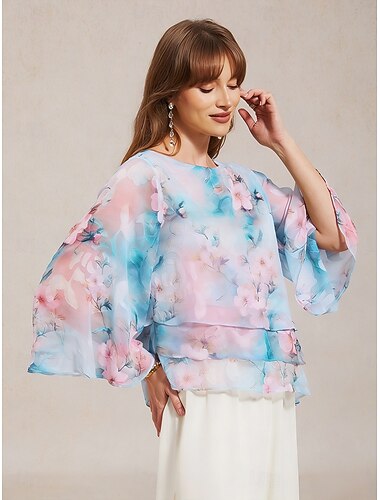  Femmes Chemisier transparent Hauts en mousseline de soie Superposé Fleuri Élégant Manche cloche Col ras du cou Quotidien robe demoiselle d honneur Vêtements de villégiature Bleu clair Été Printemps