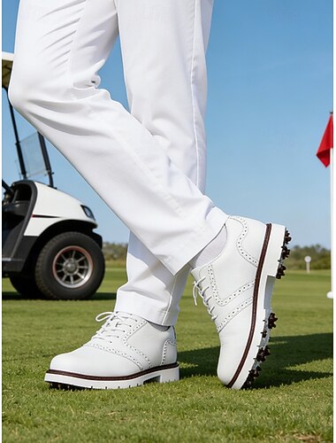  hvite golfsko for menn, mykt kunstskinn, komfortabelt, allsidig design, perfekt for golf og arrangementer