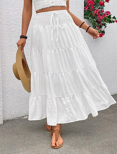  Femmes Élégant Mode Occasionnel Maxi Taille Basse Jupes Uni Froncé Cordon de serrage Micro-Élastique Quotidien Rue Bleu marine Noir Blanche Rose Été