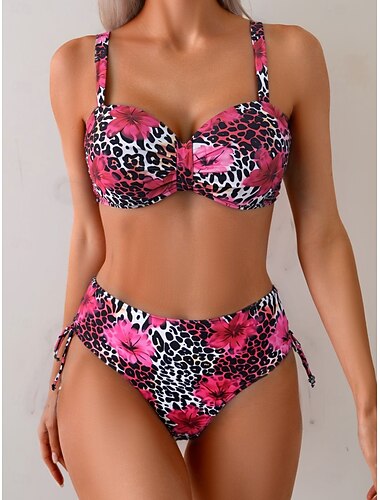  Damen Badeanzug Bikini Zweiteilig Slips Bademode Schlank Rückenfrei Urlaub Strandbekleidung Ombre Leopard V Ausschnitt Ärmellos Badeanzüge