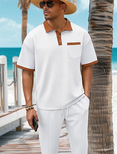  polo gaufré d'été deux pièces pour homme &Ensembles pantalon polo à col assorti, tenue de plage, tenue de tous les jours, vêtements de sport à cordon, noir uni, blanc, bleu roi, mode