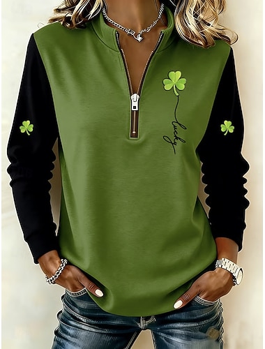  Moletom Feminino de São Patrício Pullover com Zíper Moletom Gráfico Shamrock Moda Casual Manga Longa Decote Redondo Zíper Metade Tops Regulares Roupas de Rua Diárias Estampado Verde Outono Inverno