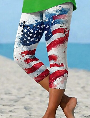  Onafhankelijkheidsdag Amerikaanse verjaardag patriottische vrouwen capri broeken leggings vakantie Hawaii stijlvolle capri's medium taille broeken vlag nationale vlag comfort hoge elasticiteit