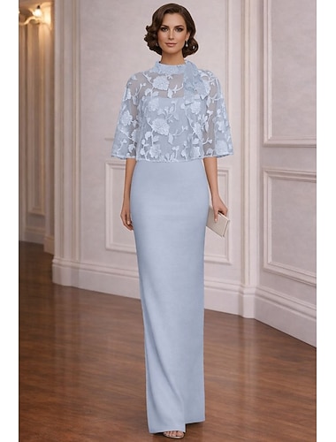  Tubino Colonna Abito Lunghezza al pavimento Abito da invitata a nozze Abito Formale Abito da sera Abito da cerimonia per signora Mezza Manica Collo Alto Elegante Semplice Casual Formale Chiffon