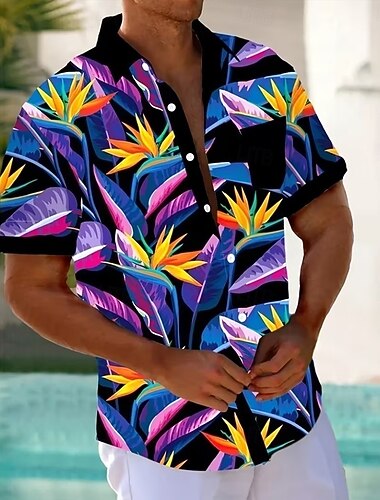  Voor heren Blad Tropische planten Hawaiiaans overhemd Overhemd met knopen Aloha-shirt Korte mouw Hawaii Casual Vakantie Zomer Lente Strijkijzer 3D-afdrukken shirts met kraag Voorste zak Zwart