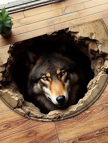  Halbkreisförmige 3D-Fußmatte mit optischer Täuschung, 2D-Flachdruck mit realistischem Wolf, der durch unebenes Gelände lugt, lebendiges Tierdesign