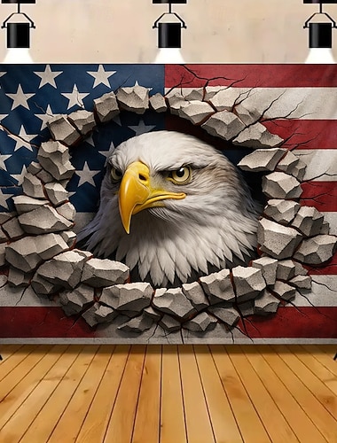  Wandteppich-Hintergrund zum 250. Jahrestag der USA: Optische 3D-Täuschung – Kopf eines Weißkopfseeadlers durchbricht die amerikanische Flagge – patriotische Dekoration für die Feierlichkeiten zum 500-jährigen Jubiläum