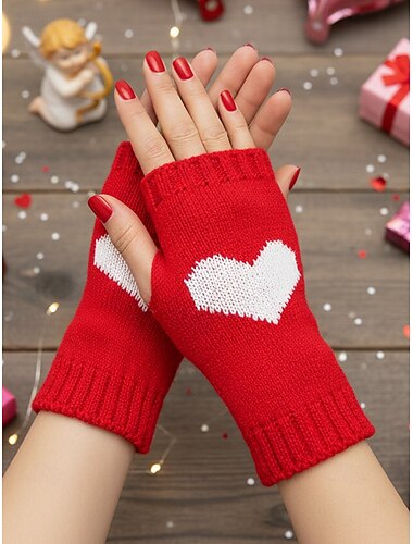  Guanti senza dita in maglia da donna con motivo a cuore, vari colori, ideali per San Valentino e per l'uso quotidiano in autunno/inverno