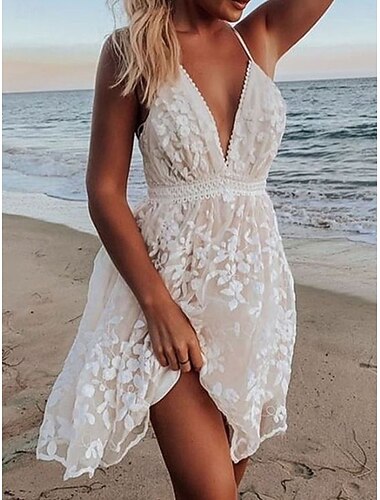 Damen Minikleid Weißes Kleid Strandkleid Partykleid Unterkleid Elegant Mode Klassisch Täglich Outdoor Strand Normale Passform Blumen Einfach Ärmellos V Ausschnitt Weiß Sommer Frühling