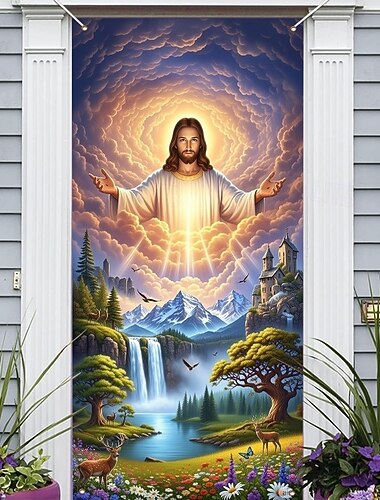  Décoration de porte de Pâques représentant Jésus aux bras ouverts, dans un paysage serein ; décoration religieuse chrétienne pour la Semaine sainte, idéale pour Pâques et les fêtes de printemps.