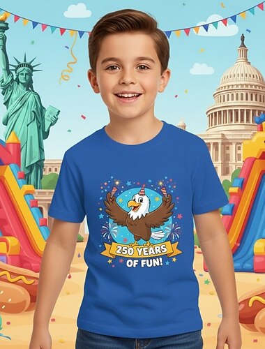  Jungen 3D Grafik 250-jähriges Jubiläum T-Shirt Kurzarm 3D-Druck Sommer Frühling Sport Mode Streetwear Kinder 4-12 Jahre Rundhalsausschnitt Lässig Täglich Outdoor Normale Passform