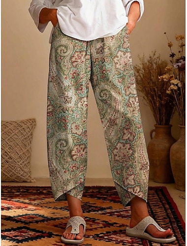  Damen Stoffhosen Urlaub Vintage Ethno-Stil Knöchellang Hohe Taille Grafik Paisley-Muster Elastischer Bund Bequem Atmungsaktivität Weich Unelastisch Täglich Outdoor Straße Blau Khaki Sommer Frühling