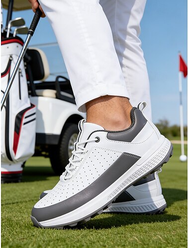  メンズのホワイトとグレーのゴルフスニーカー、軽量で通気性のあるデザイン、衝撃吸収ソール、ゴルフプレーヤーのためのクリーンなアスレチックスタイル