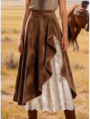  Damen Rock aus Wildlederimitat Spitzenrock Urlaubsrock Elegant Bohemien Vintage Mode Midi Mittlere Taille Röcke Geschichtet Unelastisch Täglich Urlaub Braun Frühling Satin Polyester