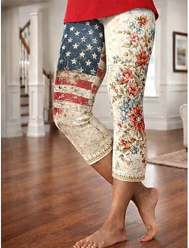  Onafhankelijkheidsdag Patriottische Dames Capri Broek Leggings Vakantie Hawaii Stijlvol Knie Lengte Middelhoge Taille Broek Grafisch Nationale Vlag Comfort Rekbaar Vakantie Formeel Straat Blauw Wit