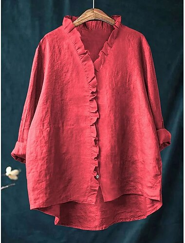  Velikonoce Dámské Tunika Košile pro volný čas Košile na knoflíky Halenka Volány Pevná barva prázdniny Vinobraní Denní Dlouhý rukáv Do V Dlouhé topy Práce Plážové Dovolená Vodní modrá Bílá Žlut