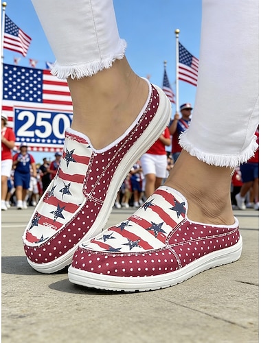  Verenigde Staten 250e Jubileum Dames Rode Blauw Amerikaanse Vlag Print Comfort Mules – Canvas Slip-On Schoenen voor de VS Vierde juli Buitenevenementen Reizen  Dagelijks Gebruik