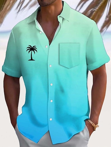  Herren Kokospalme Farbverlauf Tropische Pflanzen Sommer Hawaiihemd Knopfhemd Alohahemd Kurzarm Hawaiianisch Lässig Urlaub Sommer Frühling Umlegekragen 3D-Druck Hemden mit Kragen Eine Tasche vorne