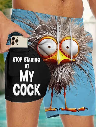  Herren Cartoon Küken Lustiger Slang Gefütterte Shorts 2 in 1 Badeshorts Badeshorts Mittlere Taille Hawaiianisch Ferien Seitentaschen Mit Kompressionsfutter Elastischer Kordelzug in der Taille Designer