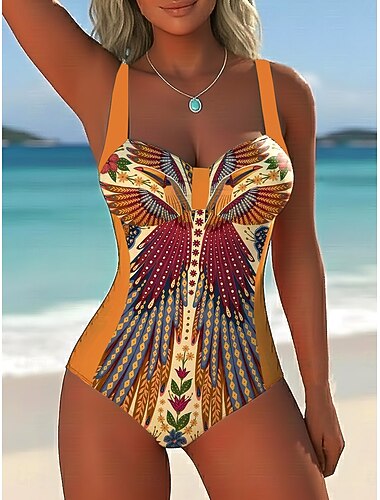  Damen Badeanzug Einteiler Slips Bademode Elegant Urlaub Grafik Paisley-Muster V Ausschnitt Ärmellos Badeanzüge