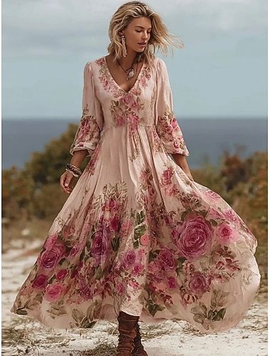  Damen Midikleid A Linie Kleid Party Lässig Boho Strand Date Lässiger Schnitt Blumen Grafik Langarm V Ausschnitt Rosa Sommer Frühling