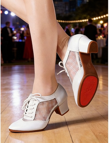  Vita damdansskor i mesh med snörning och blockklack, eleganta ballroom-skor &sociala dansskor för professionella evenemang