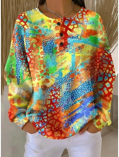  Dames Hoodies Knop Grafisch Geometrisch Kleurenblok Modieus Casual Print Lange mouw Strakke ronde hals Ronde hals Normale tops Casual Straat blauw Blozend Roze Oranje Groen Zomer Lente Herfst