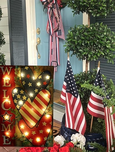  4. juli hageflagg med LED-lys, opplyst patriotisk amerikansk flagg med hjerteformet velkomstflagg for utendørs bruk, dobbeltsidig jutehageflagg til uavhengighetsdagen, minnedagen