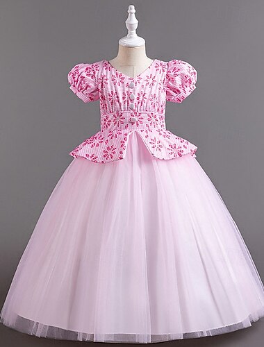  Brudnäbbsklänning Flickor Högtidlig klänning Bröllopskläder Fest Bröllop Formell Förtjusande Prinsessa Skön Lappverk Nät Blommig Kortärmad Rund hals Blå Rodnande Rosa 4 år +