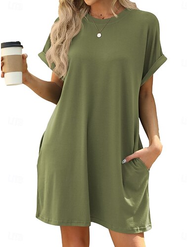 Damskie Sukienka mini Sukienka t-shirtowa Sukienka trapezowa Letnie sukienki Codzienny Codzienny Luźna Równina Krótki rękaw Półgolf Niebieski Biały Rumiany róż Zielony Lato
