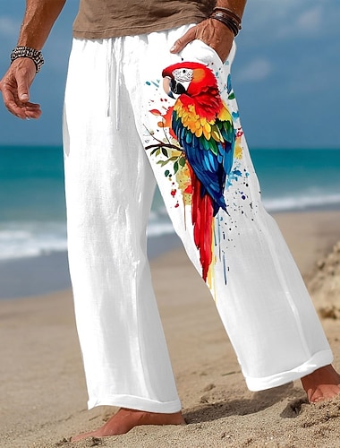  Voor heren dier Papegaai Broek Vrijetijdsbroek Wijde broek Medium Taille Hawaii Buiten Vakantie Strand Kleding Elastische tailleband met trekkoord Linnen broek met zakken Zomer Lente 3D-afdrukken