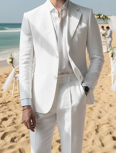  Menn Lindresser Strandbryllup Vårbryllup Svart Hvit Vår sommer Dress Hakkjakkeslag Mote Fest Ensfarget Skreddersydd 2-delt sett Enkelt Brystet To-knapp