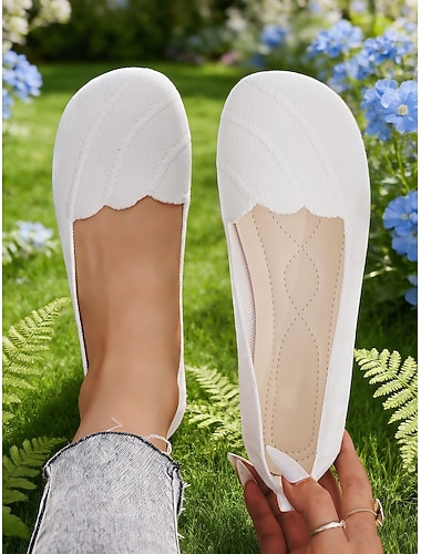  ballerine bianche elasticizzate da donna con vestibilità ampia e bordi smerlati, morbide slip-on in maglia per un comodo utilizzo quotidiano, uscite informali, viaggi e attività primaverili/estive