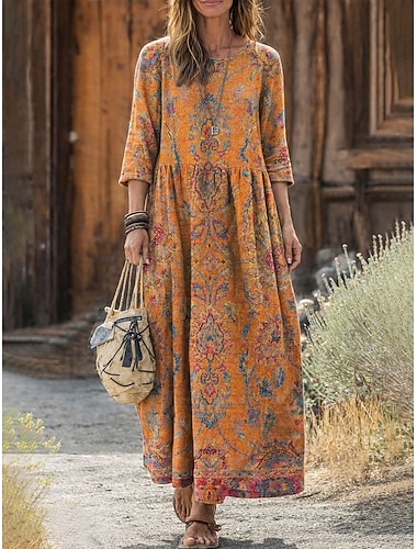  Womens Maxi Dress Pellavamaista Boho Rentoa Mekkoa Elegantti Bohemia Ranta Lörtsö Fit Kukallinen Paisley Väri Blokki 3/4 Pitkät Hihat Pyöreä Kaula Sininen Keltainen Pinkki Oranssi Kesä Kevät Syksy