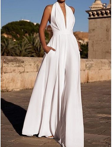  Dámské Běžný Kombinéza Elegantní Pevná barva Bez rukávů Široké nohavice Krk ohlávky Slátanina Kapsy Denní Dovolená Běžný Černá Bílá Armádní zelená Léto