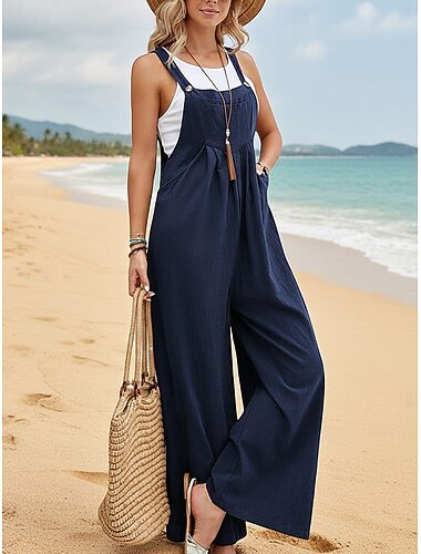  女性用リネン風フェイクコットンリネンロンパーアクティブソリッドカラーノースリーブワイドレッグデイリービーチルーズフィット黒ピンクアーミーグリーン夏