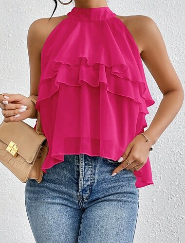  نسائي كنزة تي الأعلى كشكش لون الصلبة أنيق موضة بدون كم رقبة عالية قمصان عادية مناسب للبس اليومي مناسب للخارج عطلة نهاية الاسبوع أسود أزرق البحرية أزرق سماوي أرجواني أخضر الصيف الربيع