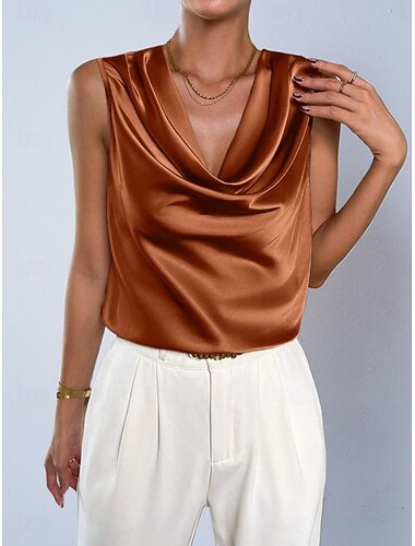  Damen Satinhemd Bluse Top mit Wasserfallausschnitt Ärmelloses Shirt Einfach Stilvoll Basic Klassisch Ärmellos Wasserfallausschnitt Normale Oberteile Täglich Ferien Ausgehen Schwarz Wein Braun Aprikose