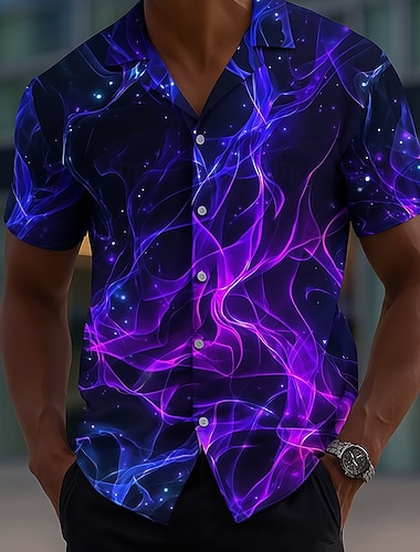  Herren Flamme Neonleuchten Hemd Knopfhemd Kurzarm Modisch lässig Streetwear Urlaub Sommer Frühling Umlegekragen 3D-Druck Hemden mit Kragen Purpur Orange Grün