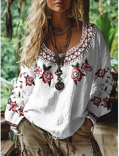  Damen Hemd Boho-Hemd Bluse Druck Blumen Grafik Bohemien Vintage Stilvoll Langarm V Ausschnitt Normale Oberteile Täglich Ferien Ausgehen Weiß Sommer Frühling Herbst